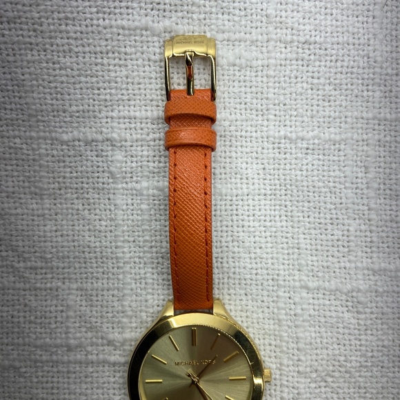 Michael Kors MK2275 Slim Runway Gold-tone Orange Leather Strap Women's Watch - Picture 3 of 12
